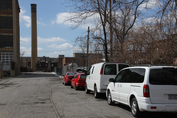 Looking south to Lake Avenue with an Alexander Smith smokestack